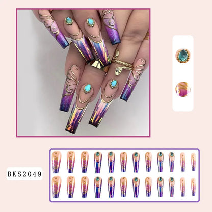 24Pcs Long Ballet Christmas False Nail Wearable coffin With diamonds Design Fake Nail Full Set of Nail Tip Pressing on nails