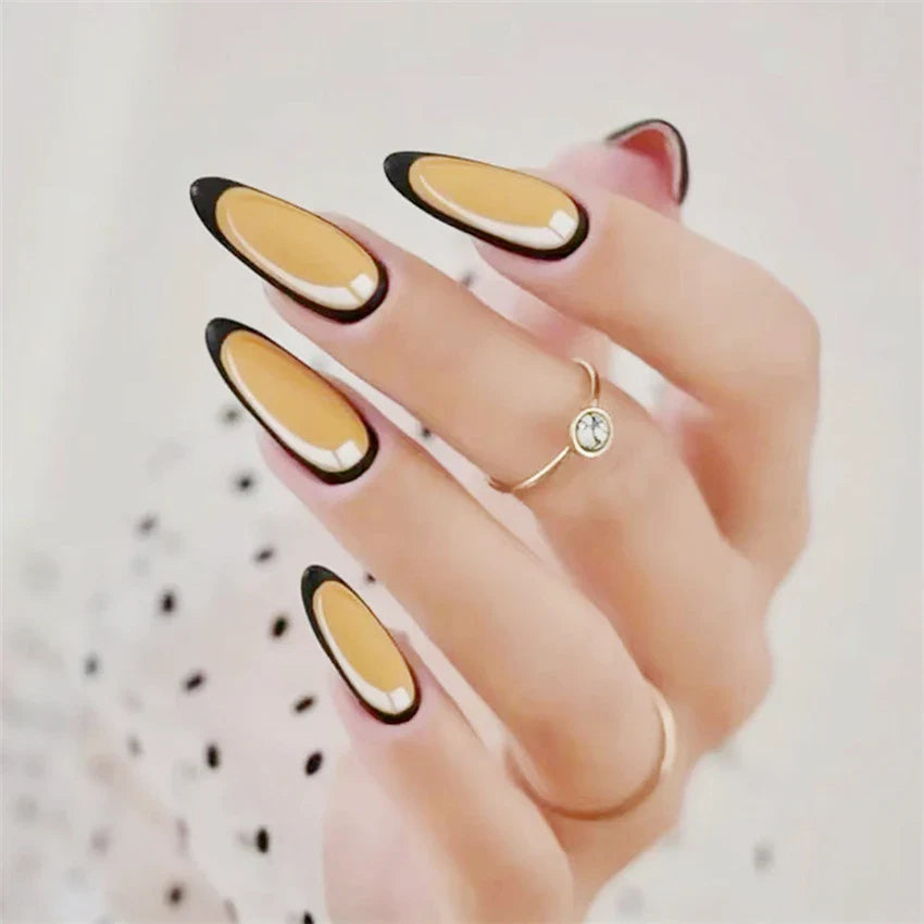 Aichashi 24Pcs/Set Black Oval Wearing False Nails Patch Gold Foil Medium Long Almond Press on Nails Art French Manicure Removable Nails