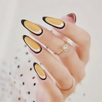 Aichashi 24Pcs/Set Black Oval Wearing False Nails Patch Gold Foil Medium Long Almond Press on Nails Art French Manicure Removable Nails