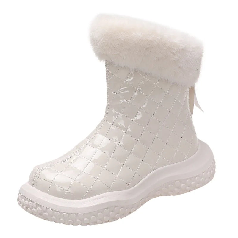 aichashi  -  Hairy Mouth Snow Boots Women's New Winter Round Head Inner Heightened Rear Zipper Short Boots Plush Keep Warm Cotton Boots