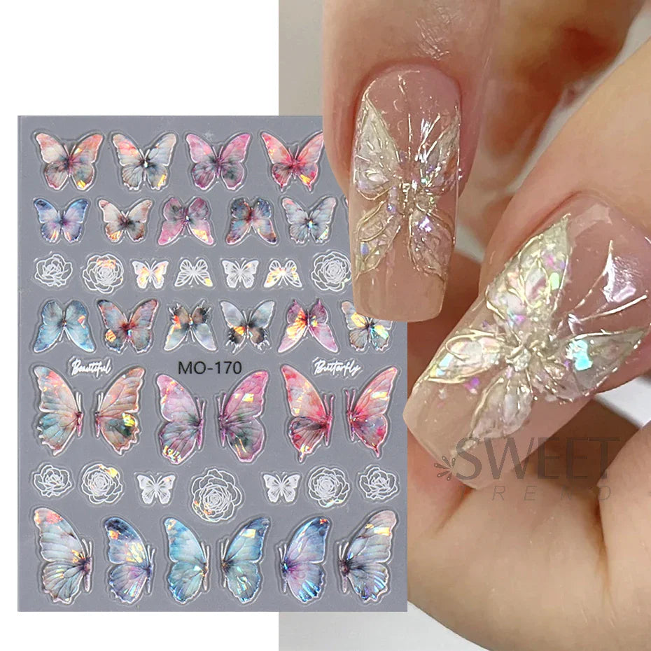 Aichashi Acrylic Engraved Butterfly Nail Manicure Sticker Holographic Crystal Fairy Rose Flowers Adhesive Decals Charm Spring Foils Wraps