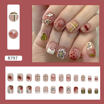 24pcs Gradient False Nails Cute Star Printed Design Fake Nail Short Square Faux Ongles Manicure Nail Stickers Press On Nail Tips