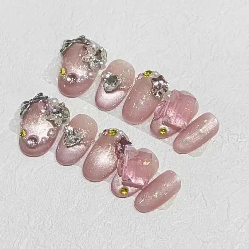 Aichashi 10Pcs Short Handmade Pink Press on Nails Spring French Rhinestone Full Cover Fake Nail Plaid Manicure Wearable Nail Tips Art