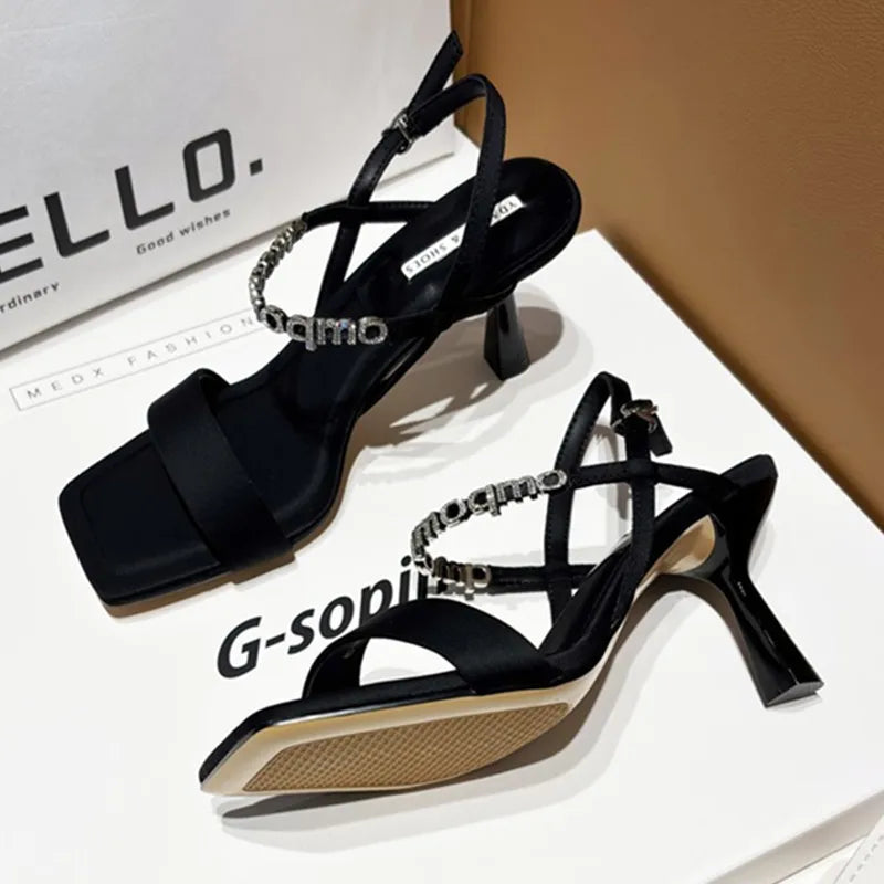 aichashi  -  Sexy Square Toe Thin Heeled Sandals Women Summer Fashion Rhinestone Letter Design Pumps Women Cross Strap Black High Heels