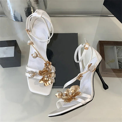 aichashi  -  Luxury Metallic Flower Design Thin High Heels Women Sandals Sexy Open Toe Buckle Strap Stripper Banquet Shoe Elegant Women Pumps