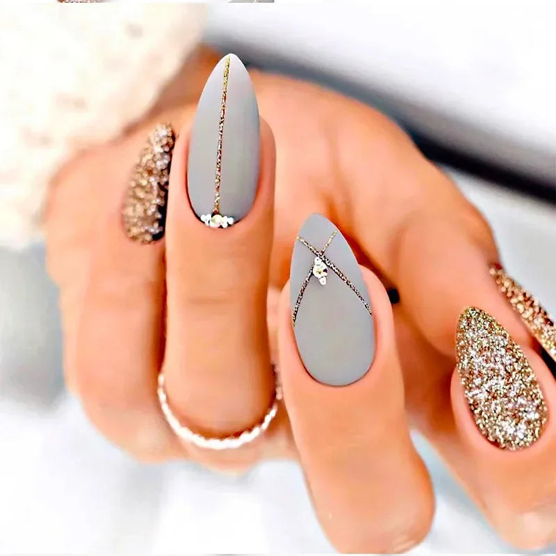 24Pcs Almond False Nails with Rhinestone Long Stiletto Fake Nails Gold Glitter Powder Design Press on Nails Full Cover Nail Tips