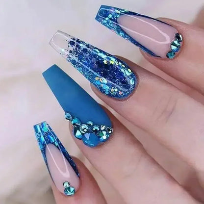 Aichashi 24Pcs False Nails Rhinestone Glitter Marble Grain Design Fake Fingernails Long Ballet Wearable Acrylic Full Cover Press on Nails