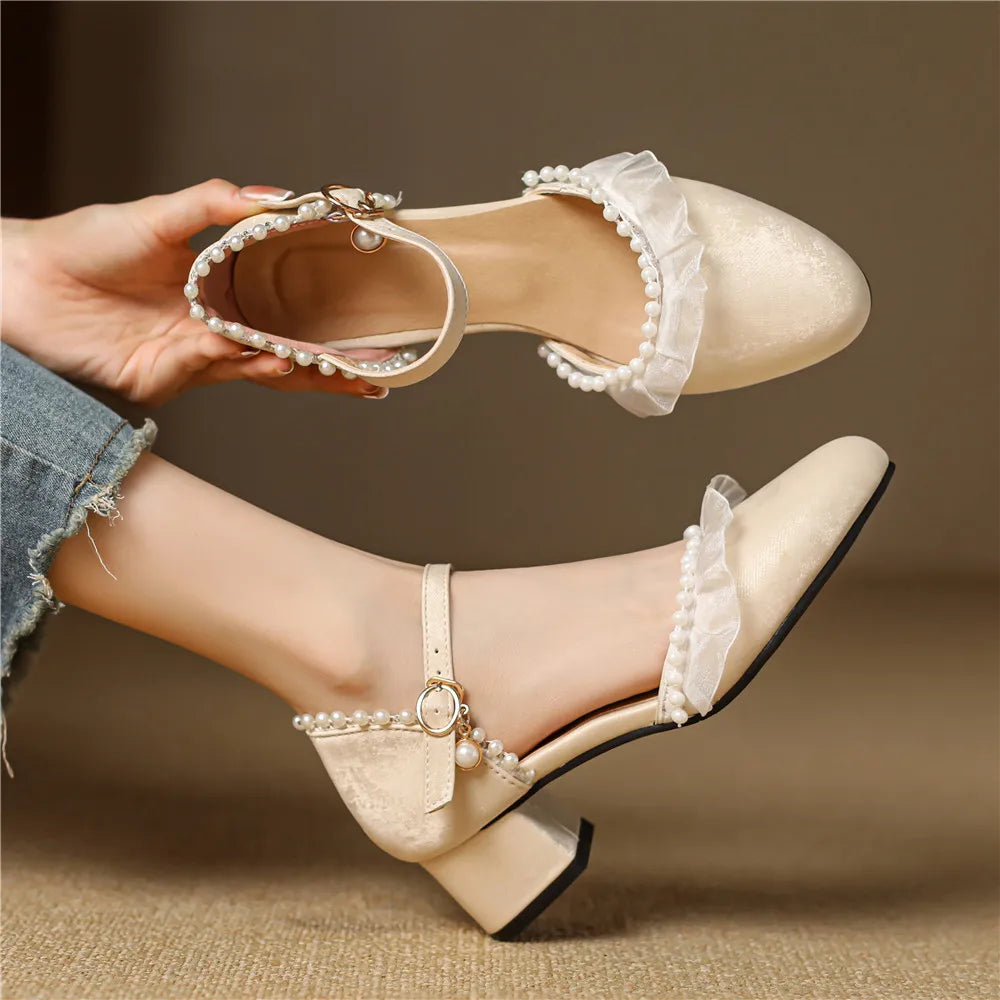 aichashi  -  Spring Women High Heels Mary Jane Pumps Party Wedding Beige Black Pink Lace Bead Decoration Princess Cosplay Summer Shoes