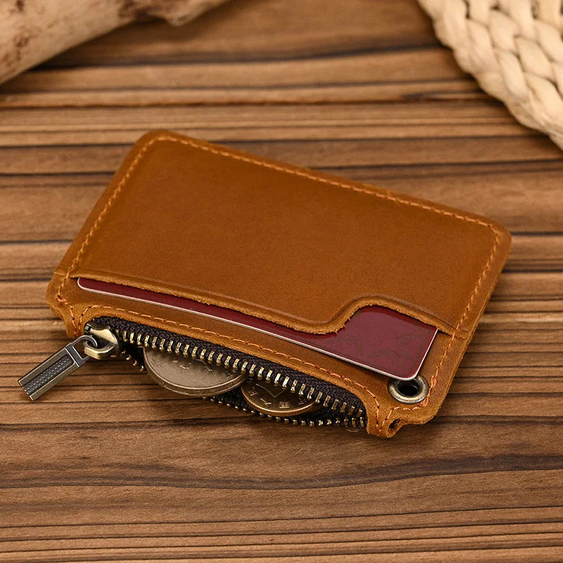 Aichashi Vintage Crazy Horse Leather Men Coin Purse Genuine Leather Zipper Coin Wallet Retro Key Holder Small Money Bag clutch bag