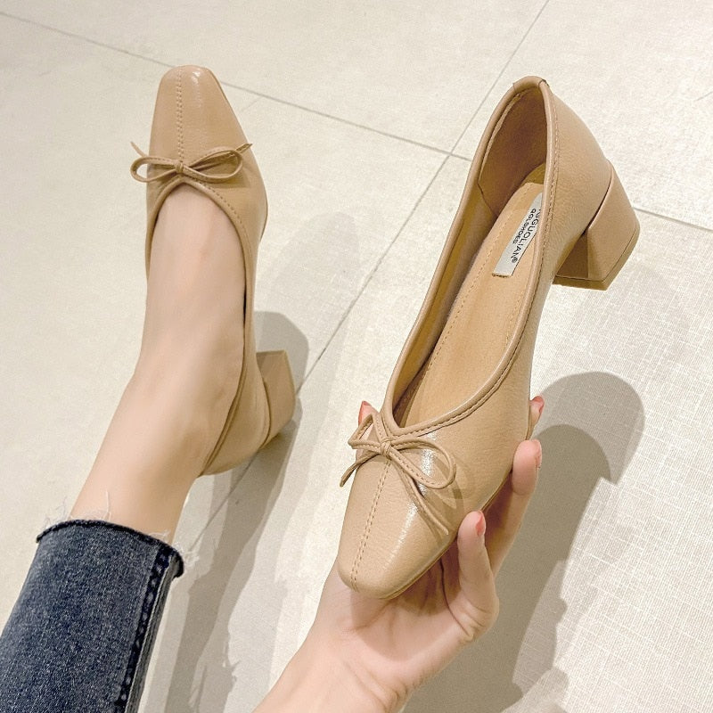 Aichashi Bow Ballet High Heels Shoes Woman Basic Pumps Fashion  Round Bow Work Shoe Fashion Party Women Shoes Pump zapatos de mujer