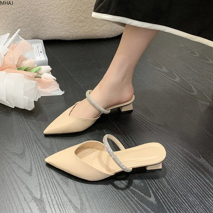 Aichashi New Summer Shoes Woman Fashion Slippers Rhinestone High Heels Pointed Mules Elegant Slip-On Sweet Party Shoes Zapato