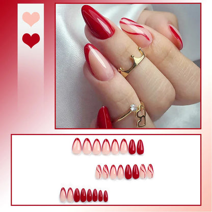 24PCS Sweet Strawberry Press on Nails French Pearl Design Almond False Nails Girl Gifts Detchable Full Cover Fake Nail Patches