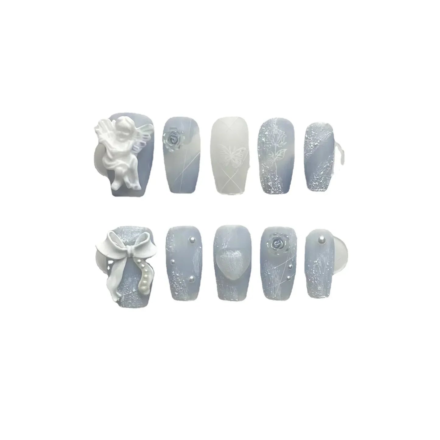 10Pcs Blue Handmade Press On Nails Set Ballet Wearable Artificial False Nails Decoration Nail Art Manicure Fake Nails Tips Art