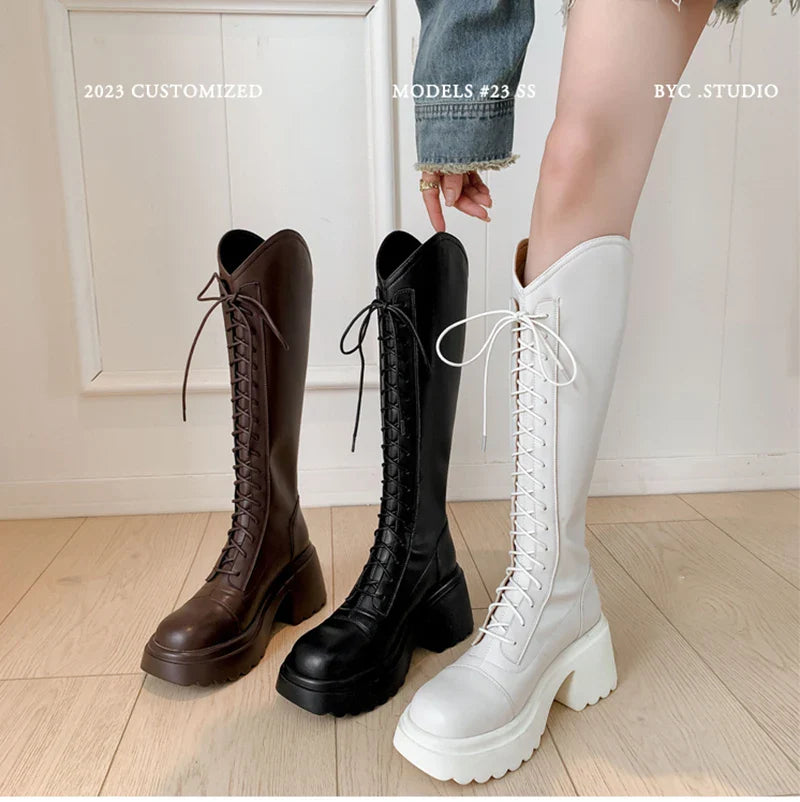 aichashi  -  Winter New Platform Women Long Boots Fashion Lace Up Ladies Elegant Knee High Boots Shoes Thick Bottom Boots