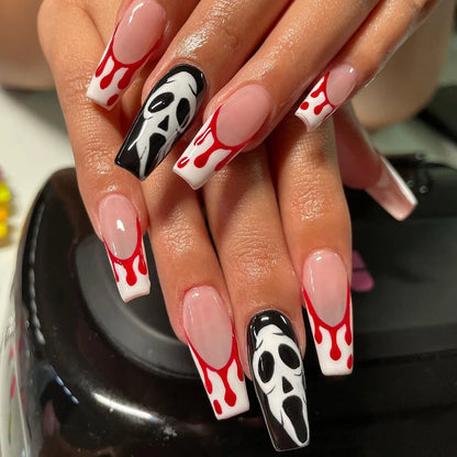 Aichashi 24pcs New Halloween False Nail Red Ghost Press on Nail Manicure Patch Full Cover Detachable Halloween Party Acrylic Nail Tips