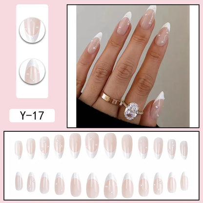 Aichashi 24pcs French Point Diamond Fake Nails Wearing Artificial Square Head Press On Acrylic Nail Art Pearl Patch Almond False Nails