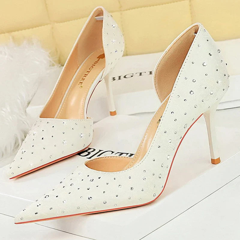 aichashi  -  Shoes Rhinestone Design Kitten Heels Women 8 Cm Pumps Silk Satin Luxury High Heels Stilettos Banquet Shoes Plus Size 43