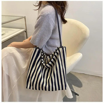 Aichashi BACK TO SCHOOL Korean Version Of Retro Literary Handbag Simple Fresh Striped Shoulder Bag Fashion Large Capacity Shopping Bag