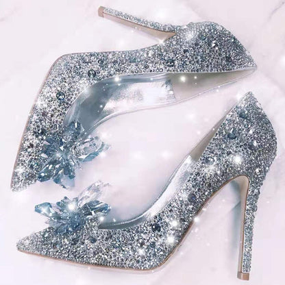 Aichashi Cinderella Shoes Rhinestone High Heels Women Pumps Pointed toe Woman Crystal Party Wedding Shoes 5cm/7cm/9cm