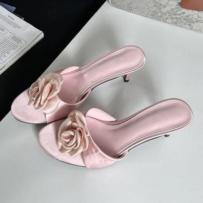 Aichashi 2024 Summer Fashion Flower Woman Slippers Thin Low Heels Party Stripper Ladies Mules Slides Zapatos Mujer