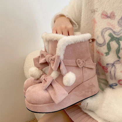 aichashi  -  Winter Lolita Style Warm Plush Women Snow Boots Fashion Platform Thick Heel Short Booties Casual Comfort Cotton Shoes