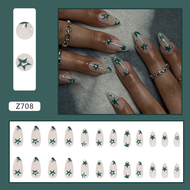 24Pcs Cool y2k False Nails Green Star Printed Design Almond Fake Nail Patch for Girl Wearable Ins Artificial nails