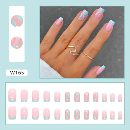 24Pcs/Set Medium Long French Wear False Nails Art Blue Wave Press on Acrylic Nail Tips Hot Fake Nails Collection Stick on Nails