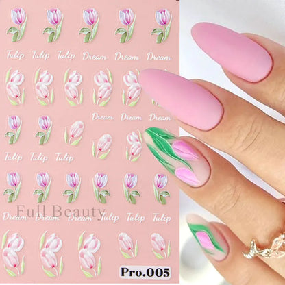 Aichashi 1Pcs Sakura Stickers For Nails 5D Embossed Spring Cherry Blossom Tulip Peony Flowers Petals Sliders Manicure Decoration