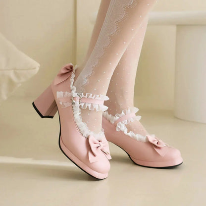 aichashi  -  Plus-Size Women Lolita Shoes with Bowknot Lace Trim Maid Cosplay for Crossdressers Men JK Girls PU Leather Pumps Chunky Heels