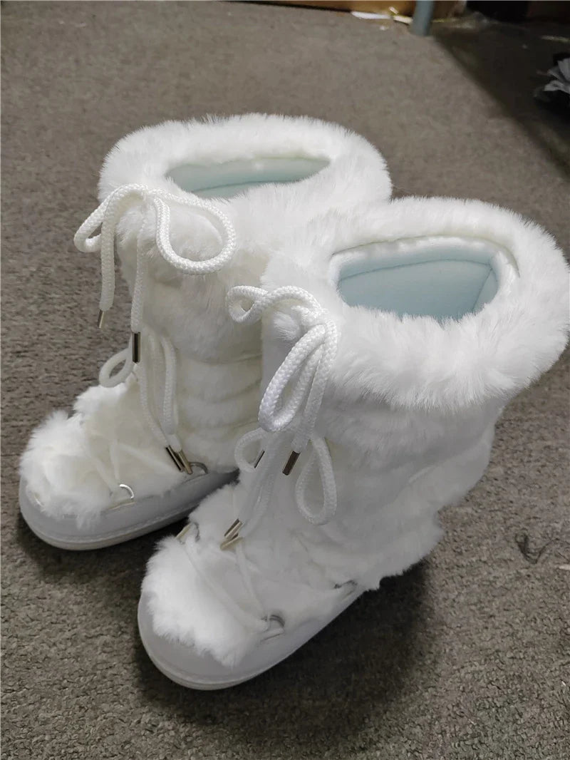 aichashi  -  Winter Snow Boots Women White Fur Boots Woman Luxury Thick Fluffy Furry Faux Rabbit Fur Lace-up Waterproof Warm Ski Boots