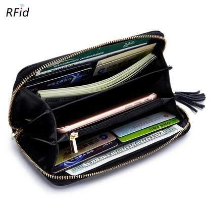 Aichashi Genuine Leather Women Solid Long Wallets Ladies Tassel Design Clutch Female Phone Money Bag Coin Zipper Purse Rfid Card Holder