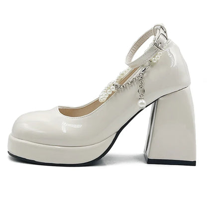 aichashi  -  Vintage High Heels Mary Jane Shoes for Women Patent Leather Platform Pumps Woman Pearls Chain Thick-Heeled Shoes Female