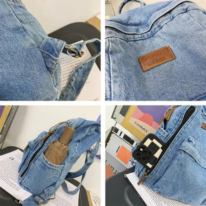 Aichashi BACK TO SCHOOL New Denim Men's and Women's Shoulder Bag Fashion Pleated Washed Student Backpack Casual Backpack