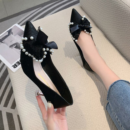 Aichashi Lace Bowknot Pumps for Women Summer Sexy Pointed Toe Thin High Heels Shoes Woman Fashion Pearls Wedding Party Shoes