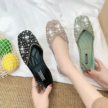 Aichashi Glitter Crystal Pearl Pink Flats Ballet Shoes Women Moccasins Square Toe Slip on Summer Loafers Shallow Ballerina Flats Female