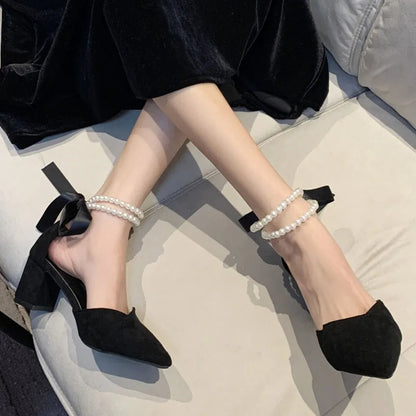 Aichashi Luxury Pearl Strap Square Heels Pumps Women Fashion Pointed Toe Party Shoes Woman Flock Lace Up Shallow Shoes Ladies