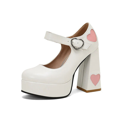 aichashi  -  Sexy Heart Shaped Women Super High Heels Pumps Spring Autumn Round Toe Platform Buckle Strap Shallow Mary Jane Shoes White Pink