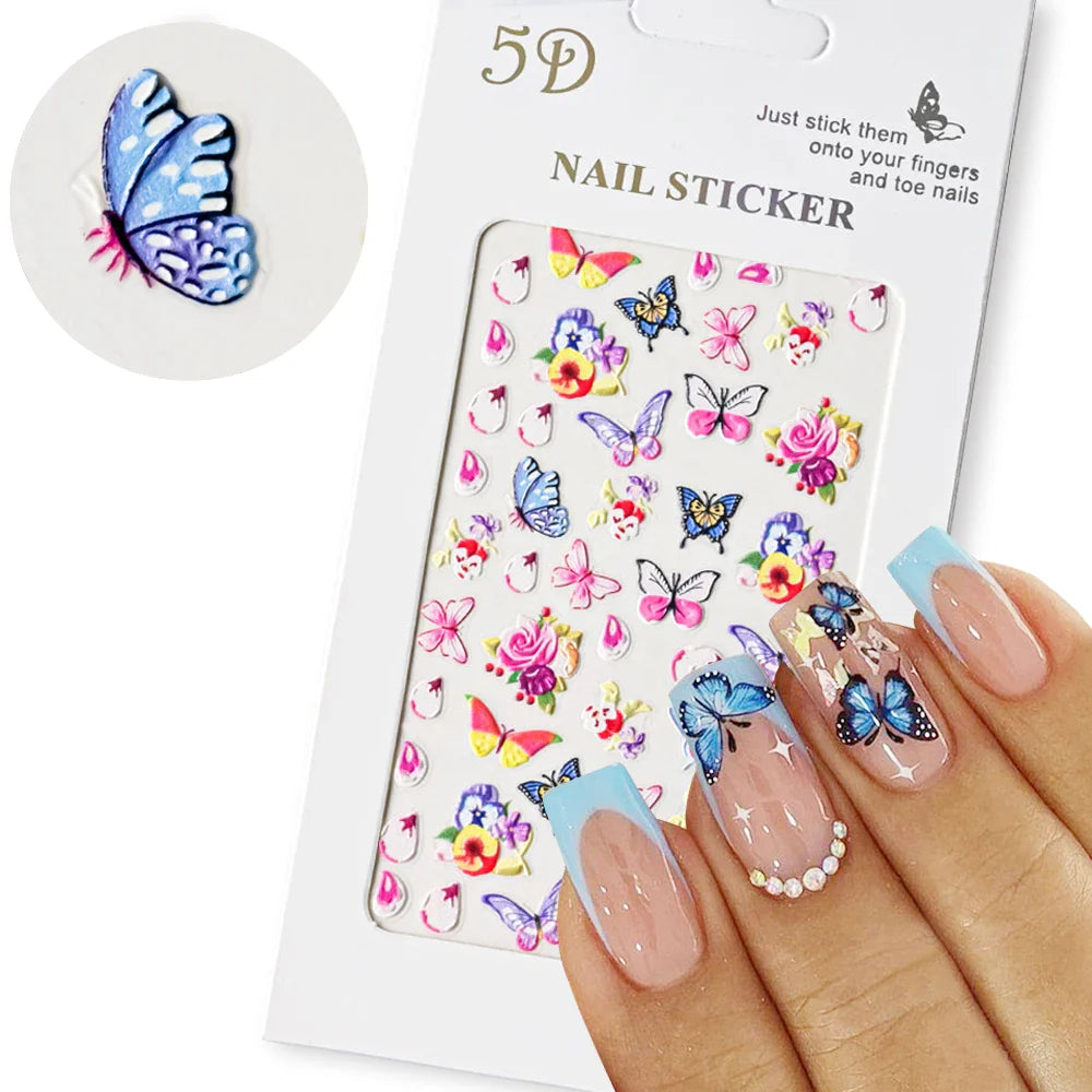 1PC 5D Macaron Flower/Fruit Nail Charms Sticker Embossed Bear/Rabbit/Letter Nails Slider Decals Summer Adhesive Manicure Decor&Y