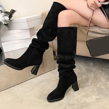 aichashi  -  Faux Suede High Heels Long Boots Women Winter Fashion Pleated Cowboy Boots Woman Round Toe Slip-On Riding Botas De Mujer