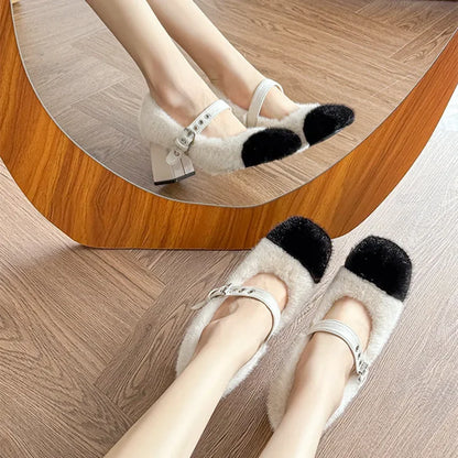 aichashi  -  Fashion Furry Mary Jane Shoes Women Winter Cute Warm High Heels Square Heel Belt Buckle Design Women Pumps Zapatos De Mujer