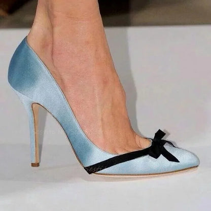 aichashi  -  Pointed Toe Blue Satin Pumps with Black Bow Decor Stiletto Heels Summer Fashion Women Dress Casual Classic Sandals Rubber Sole