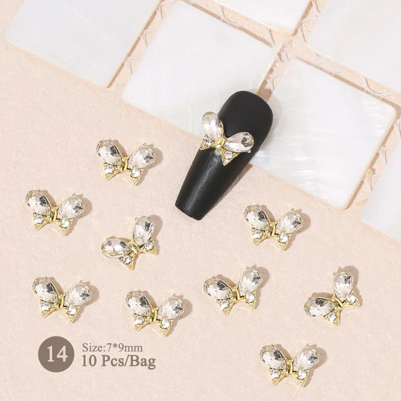 Aichashi 10pcs/bag Butterfly Shaped Nail Rhinestone Star Flower Nail Charm Silver Gold Alloy Nail Pearl Jewelry Accessories Nail Supplies