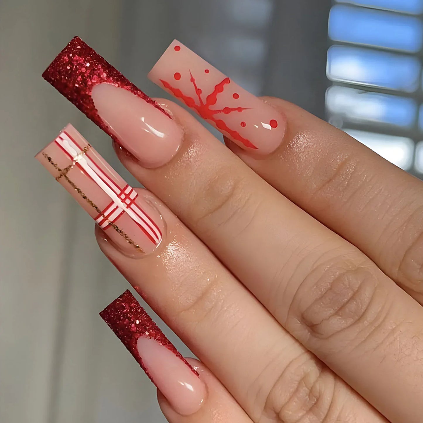 Aichashi New Christmas Fake Nails Cute Elk Snowflake Pattern Red Color Press on Nails Artificial Nails Tip Christmas Gifts for Girls