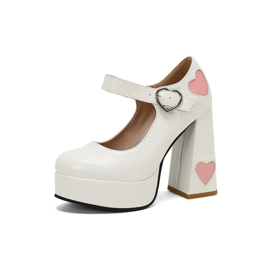 aichashi  -  Sexy Heart Shaped Women Super High Heels Pumps Spring Autumn Round Toe Platform Buckle Strap Shallow Mary Jane Shoes White Pink