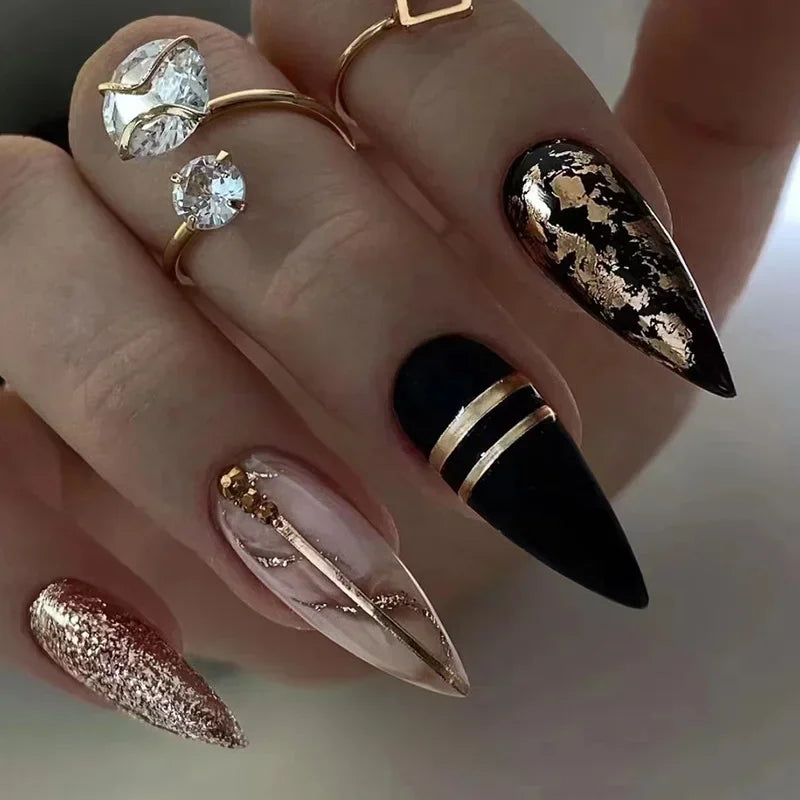 24Pcs Frosting False Nail almond with Golden Glitter Designs French Rhinestone Manicure Stiletto Fake Nails Set Press on Nails