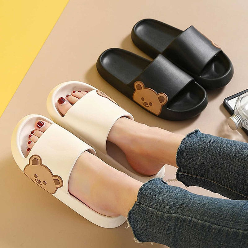 Aichashi Bear Slippers Women Summer Flip Flops Cute Cartoon Shoes For Woman Indoor Outdoor Wear Soft Thick Beach Sandals Couple Slides