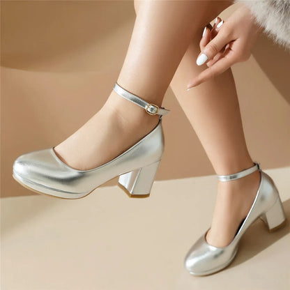 aichashi  -  Women Pumps Shiny High Heels Wedding Party Sexy Platform Slip On Shoes Round Toe Thick Heels Lolita Silver Gold Shoes for Spring