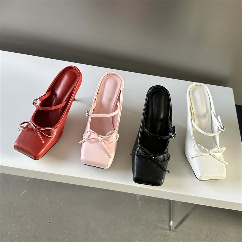 aichashi  -  Designer Bowknot Buckle Strap Pumps Women Sexy Square head Thin Heels Wedding Banquet Dress Mule Ladies Shoes