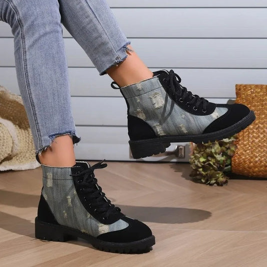 aichashi  -  Women'S Boots Fashion Retro Denim Patchwork Lace Up Flat Bottomed Short Boots Vintage Zapatos Mujer Flat Shoes Ankle Boots