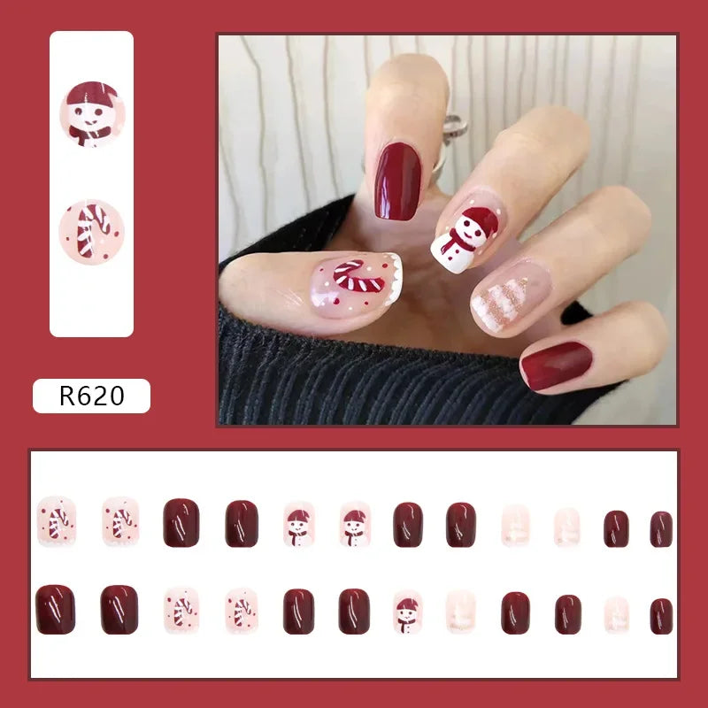 24Pcs Almond False Nails With Tools Cute Heart Strawberry Chili Design French Checkerboard ABS Press On Nails Fake Tips Wearable